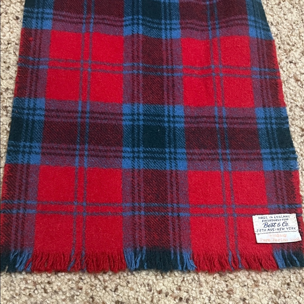 Red and Blue Plaid Merino Wool Vintage Scarf